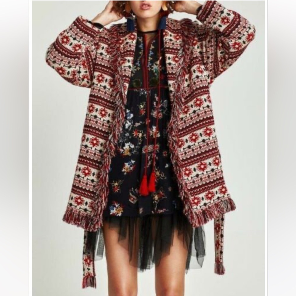 Zara Jacquard Knit Belted Cardigan S